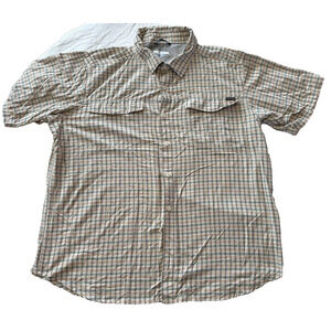 COLUMBIA Men's Button Down XL Shirt Orange/Grey/White Plaid/Check Sun Protection